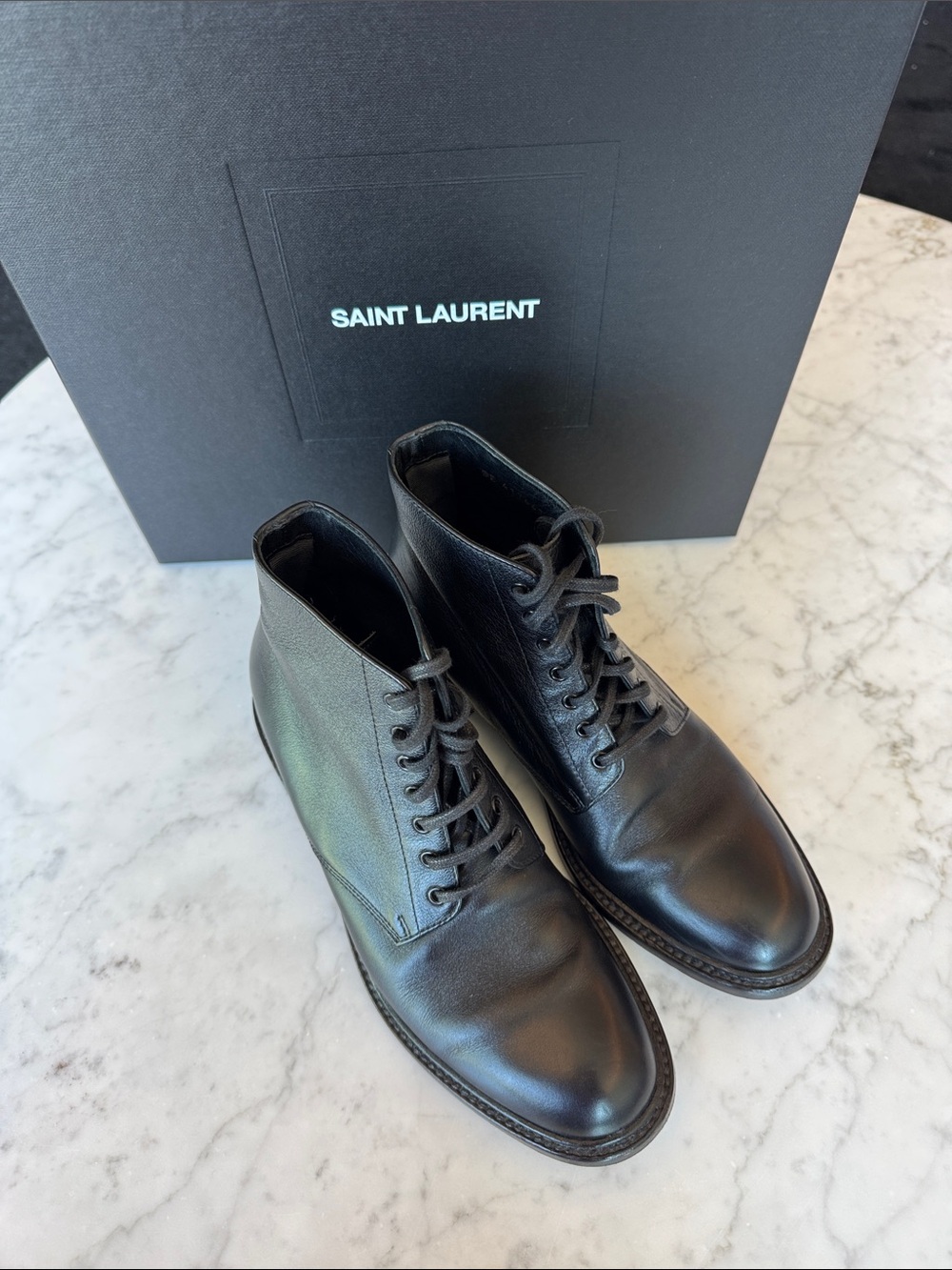 Saint Laurent Black Leather Lace-Up Ankle Boots YSL
